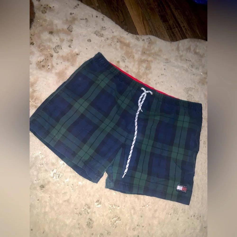 Plaid 90s vintage Tommy Hilfiger swim trunks navy green men’s L spring preppy